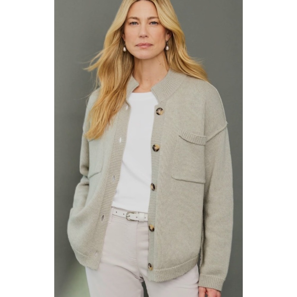 J.Jill Soft Weimaraner Heather Cotton Mock Neck Pocket Cardigan Sweater S